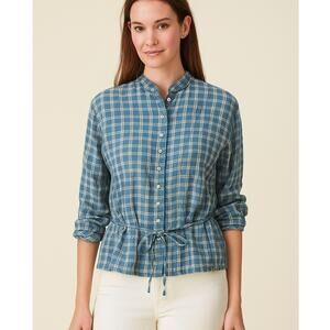 Lauren Ralph Lauren Plaid Linen Button Up Tie Waist Shirt